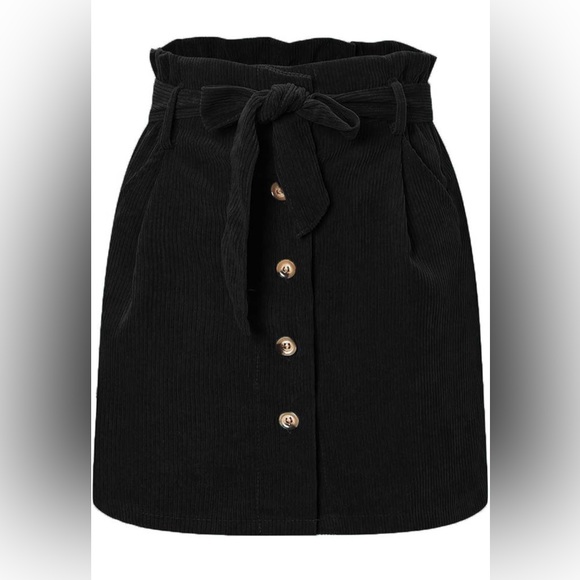 Black Corduroy Button Down Tie Waist Skirt with Pockets - Picture 3 of 7